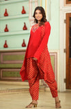 Embroidered Solid Top with Gold printed Dhoti and Shrug - Hatheli