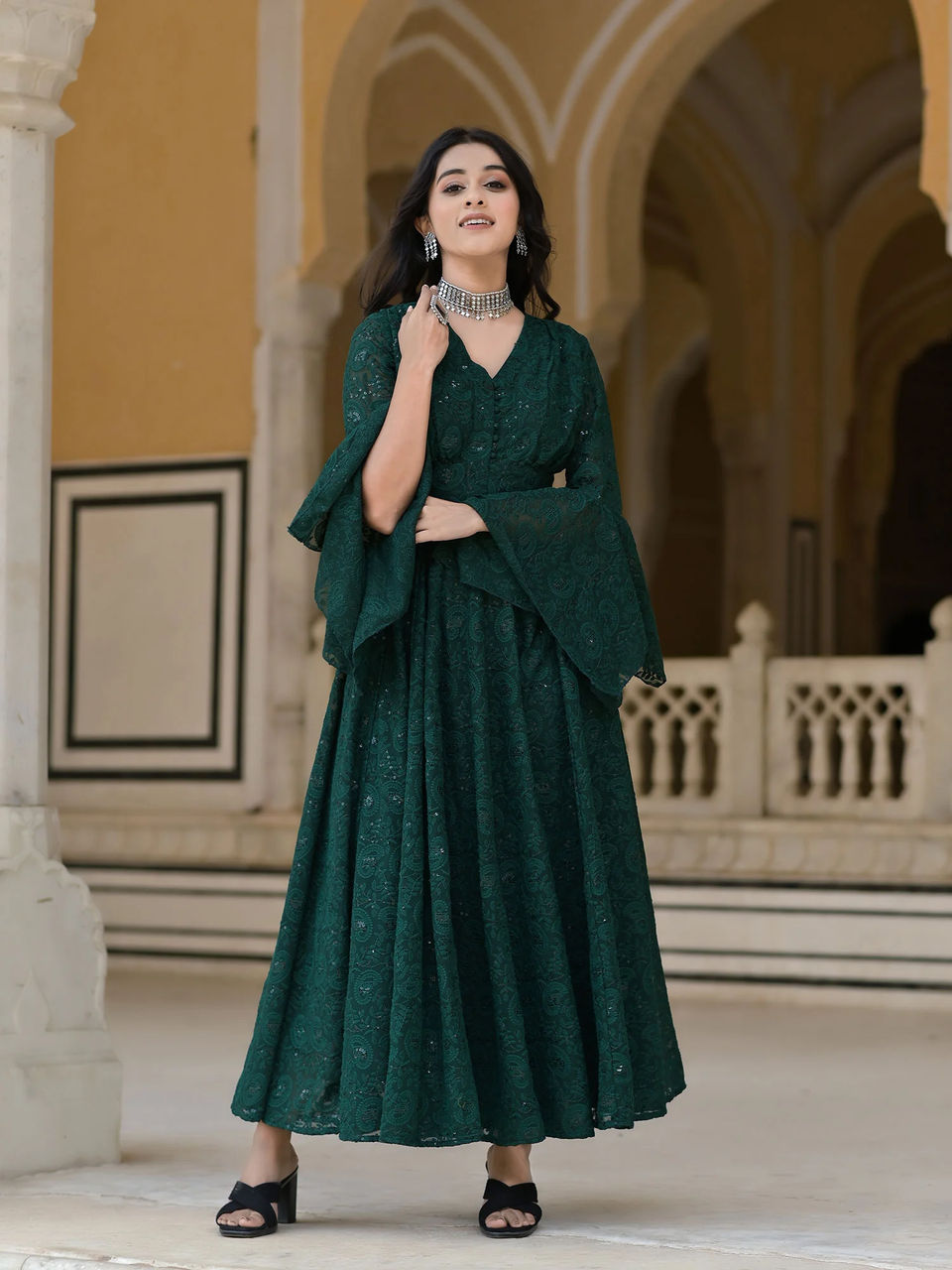 Bottle Green sequins Embroidery Dress