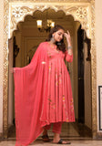 Coral Hand Painted Satin Anarkali Suit Set
