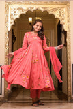 Coral Hand Painted Satin Anarkali Suit Set