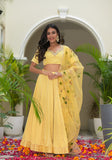 Lemony Satin Embroidered and Hand Painted Lehenga Set