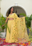 Lemony Satin Embroidered and Hand Painted Lehenga Set