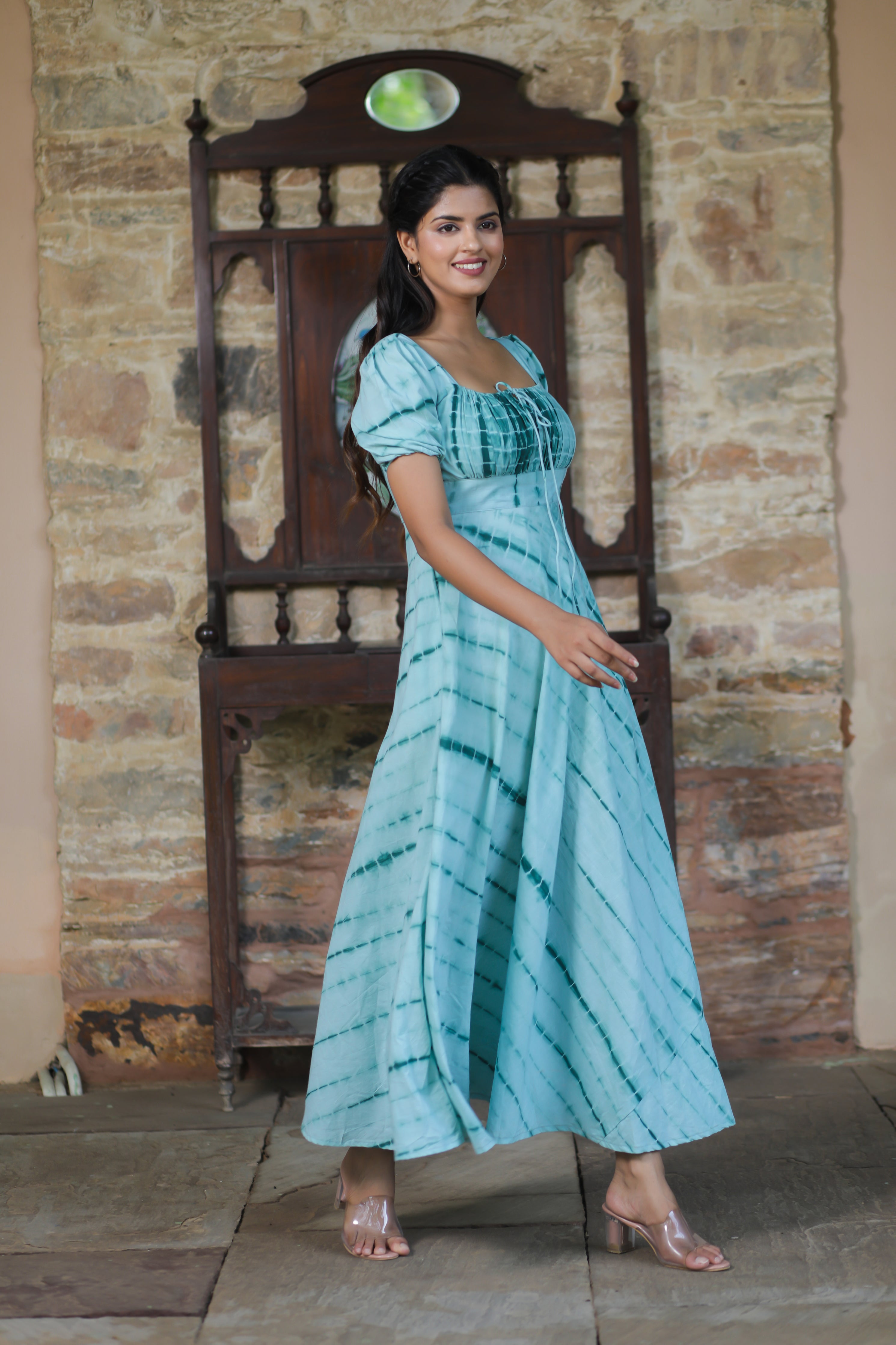Azure Shibhori Cotton Flared Dress