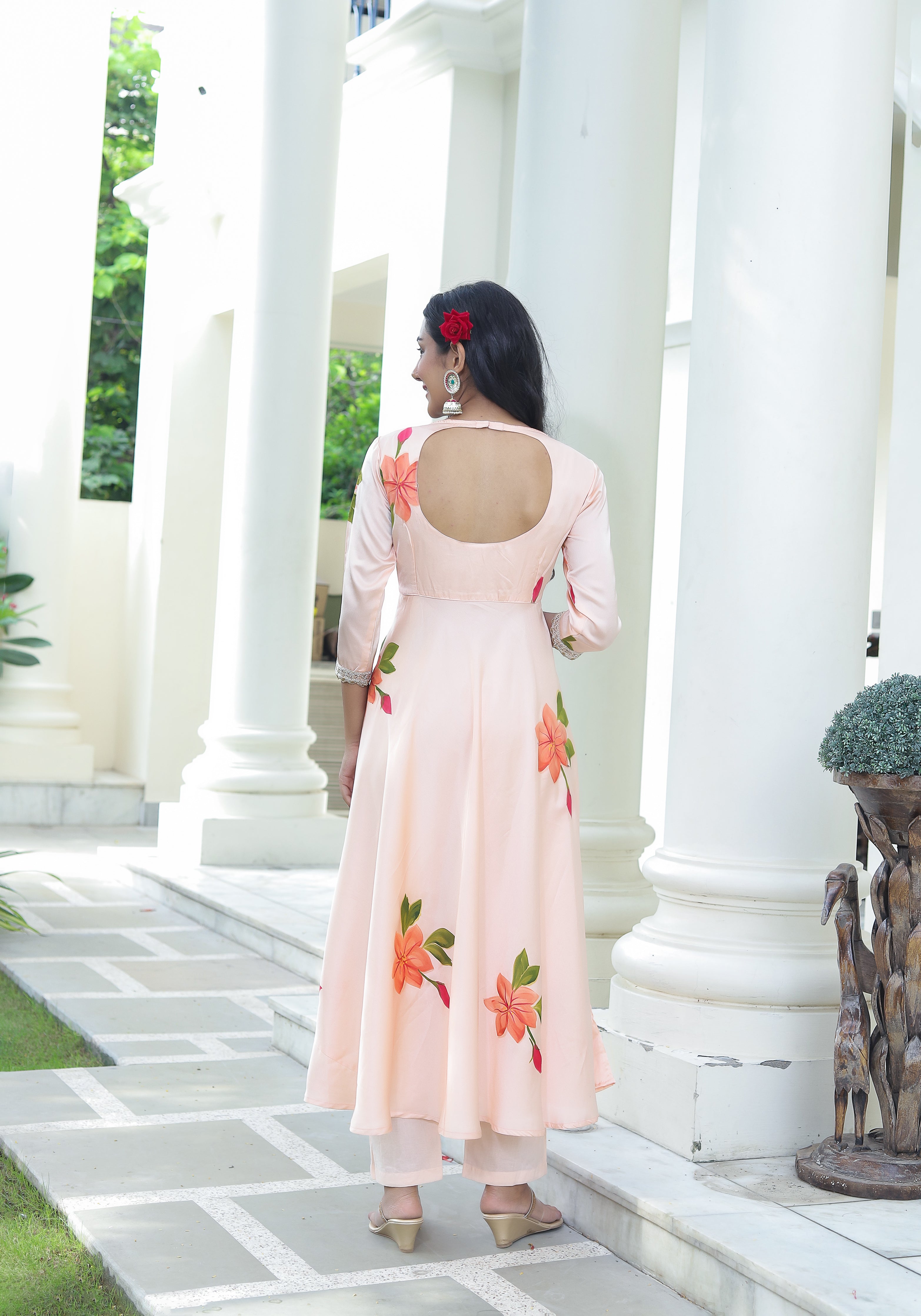 Peach Hand Painted Satin Anarkali Suit Set