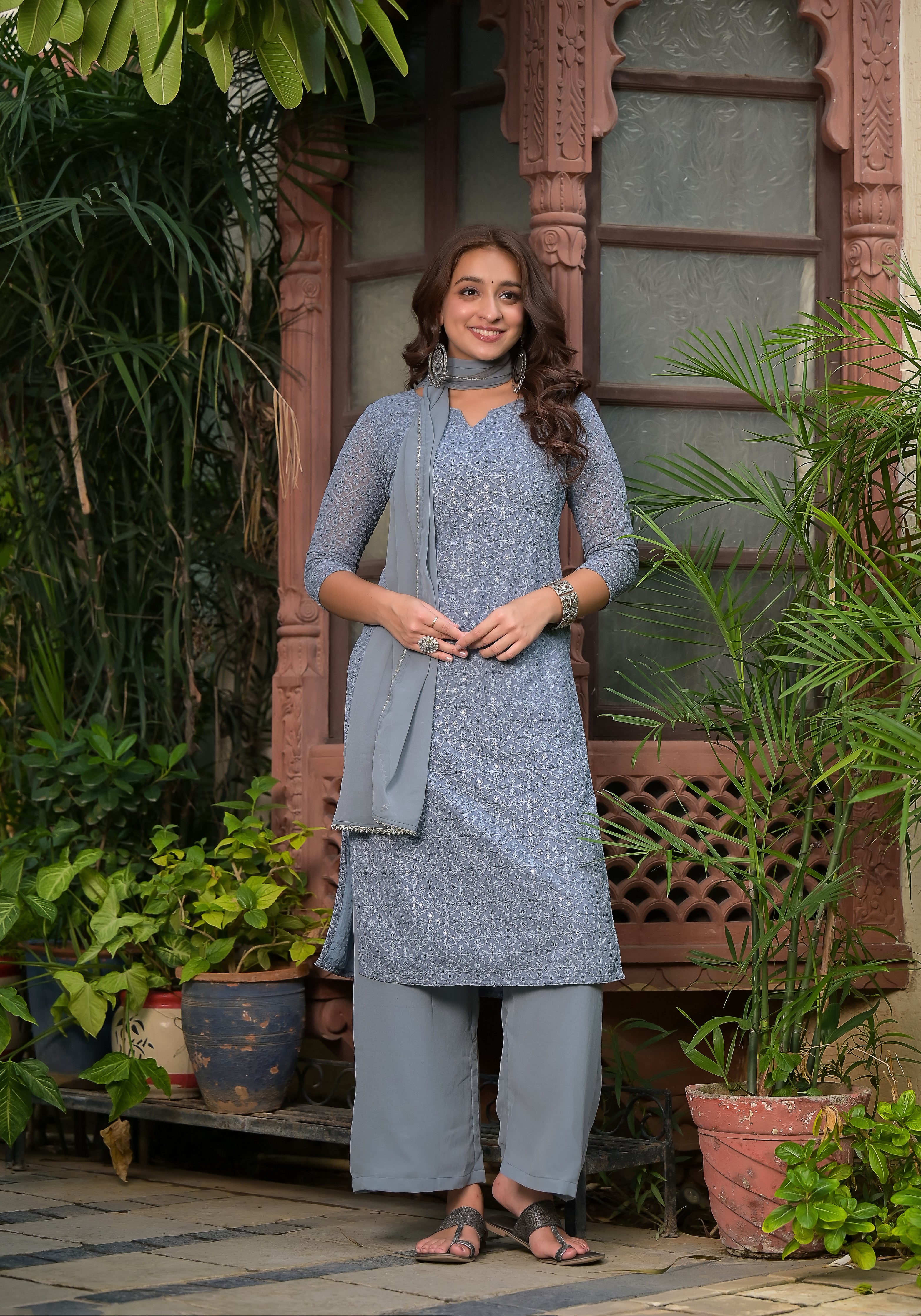 Smokey Grey Embroidered Suit Set