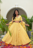 Lemony Satin Embroidered and Hand Painted Lehenga Set