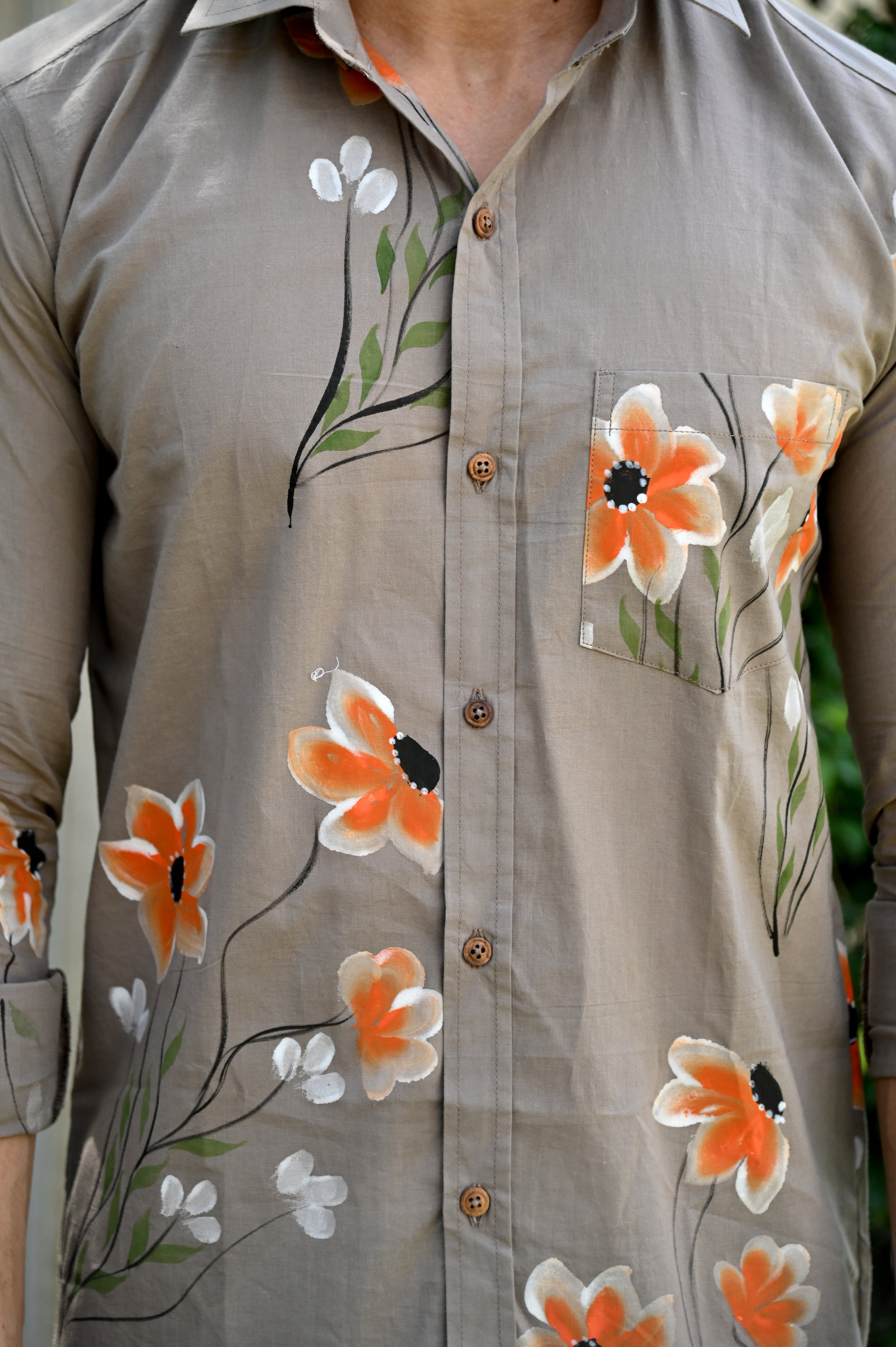 Brown Floral Hand Paint Cotton Shirt