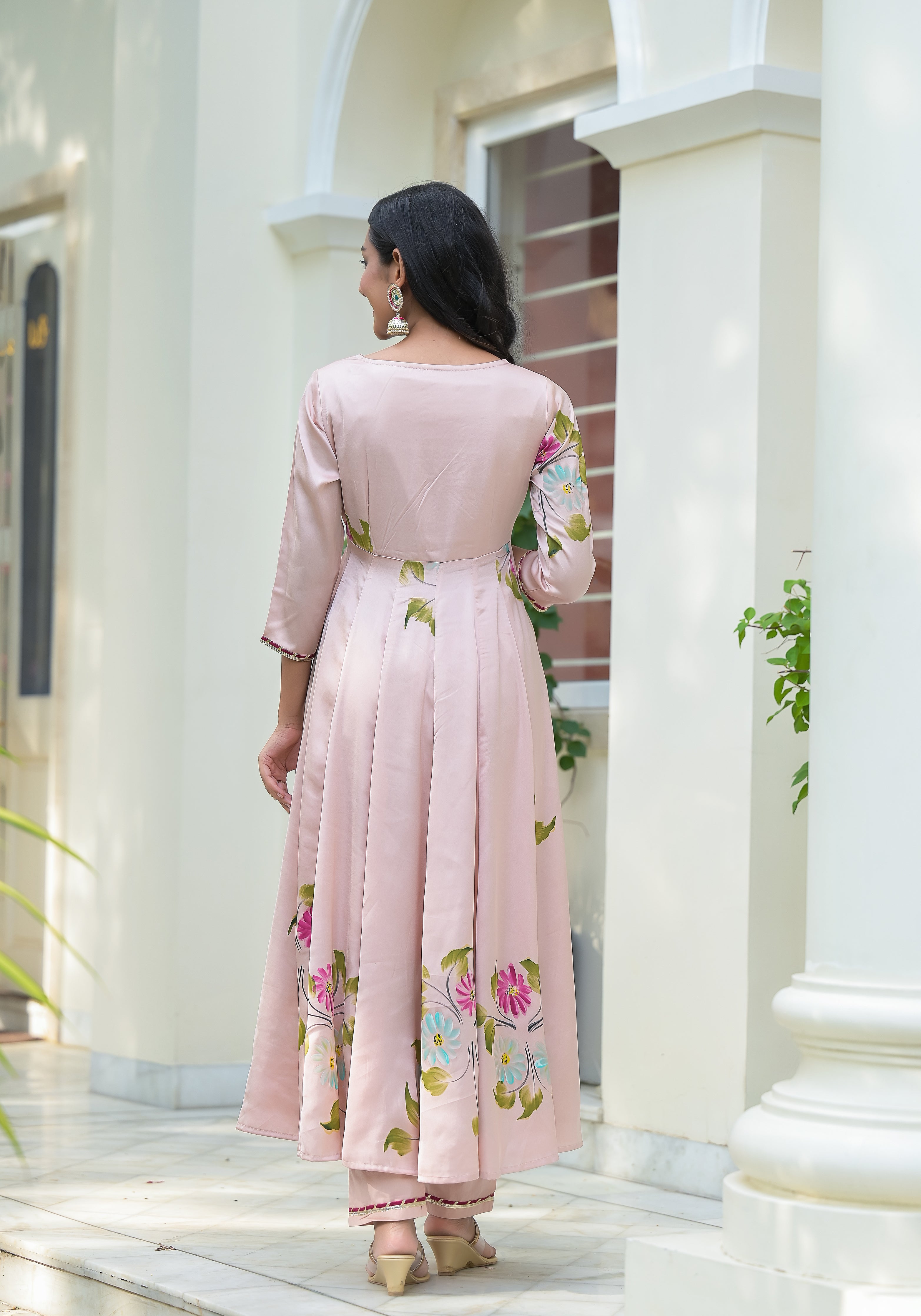 Crepe Pink Hand Painted Satin Anarkali Suit Set