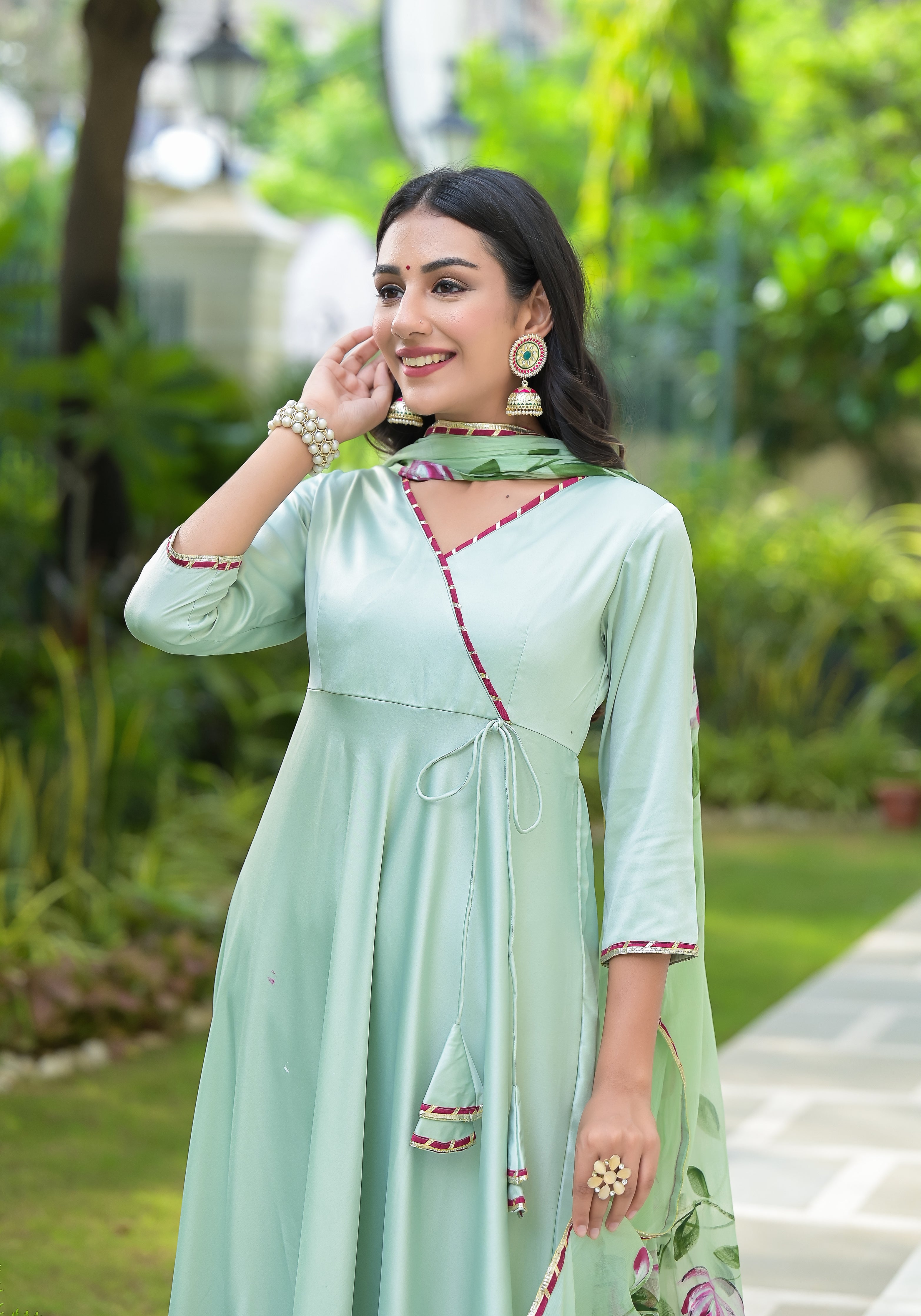 Green New Model Anarkali Designs Mint Green Hand Painted Satin
