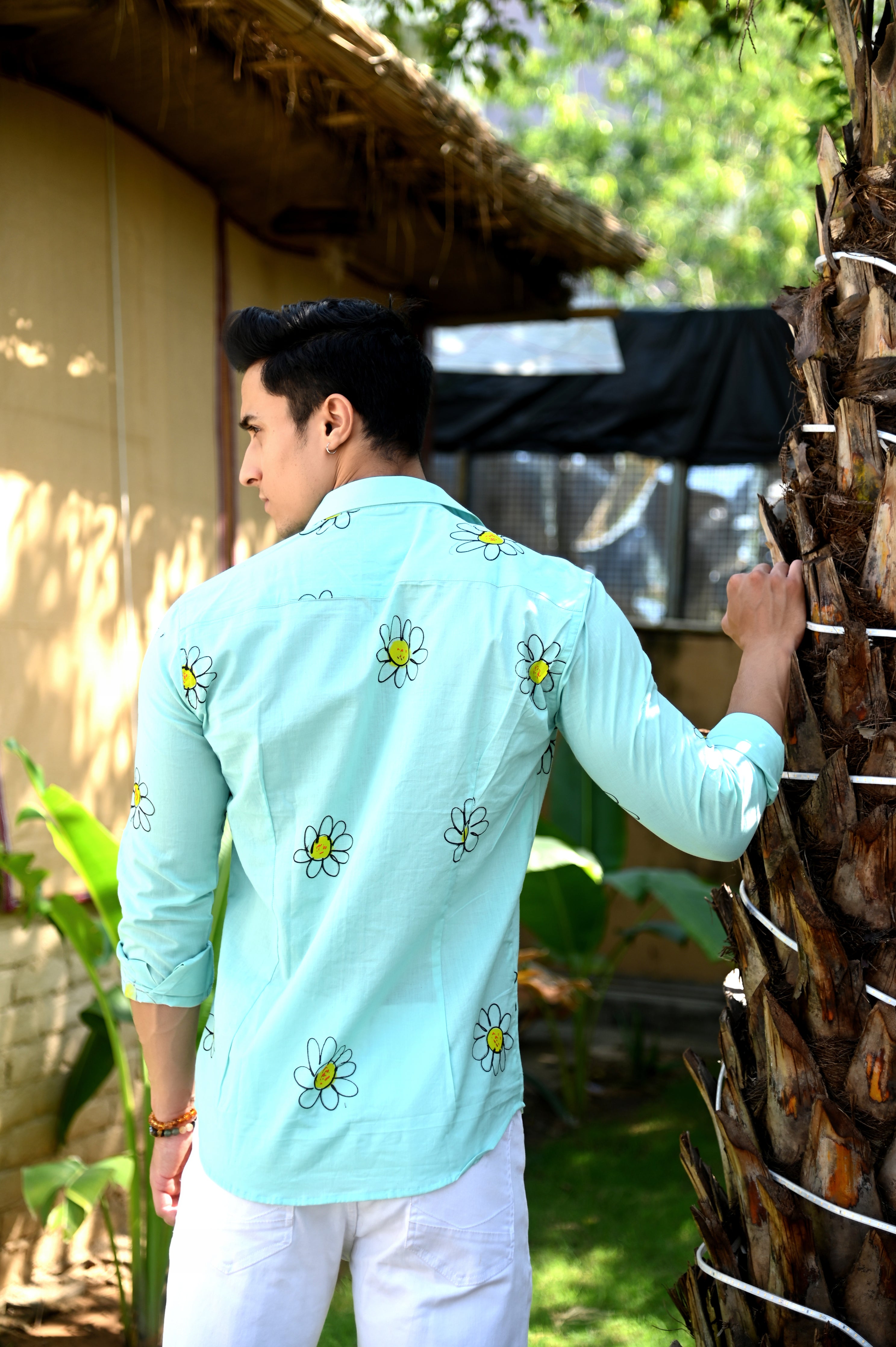 Floral Hand Painted Cotton Green Shirt