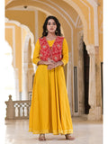 Goldenrod Yellow Flared Dress With Bandhani Mirror Work Jacket