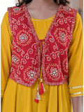 Goldenrod Yellow Flared Dress With Bandhani Mirror Work Jacket