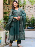 Dark Green Kota Doria Block Print Suit Set