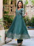 Dark Green Kota Doria Block Print Suit Set