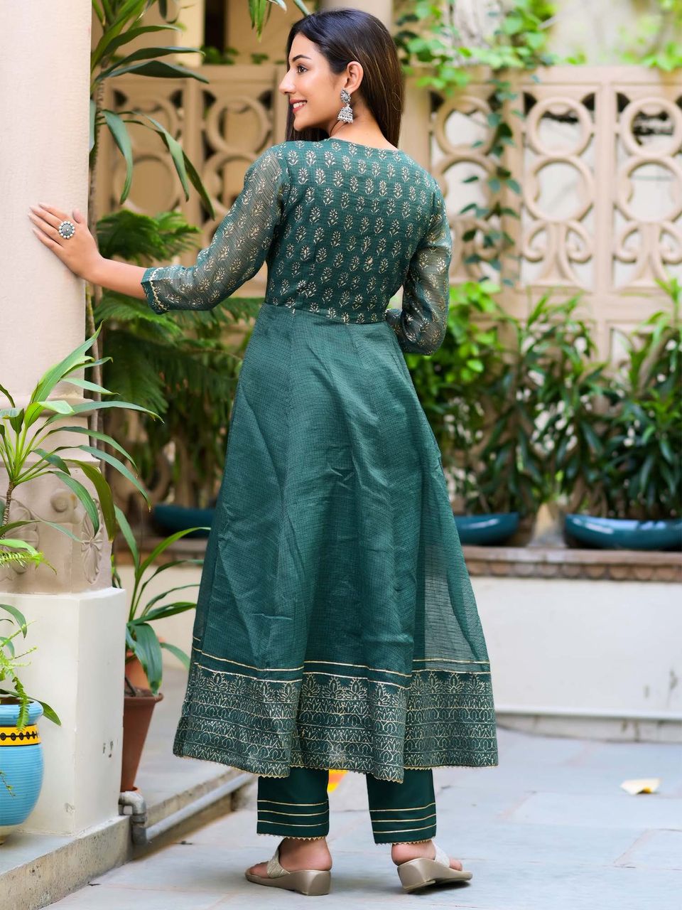 Chanderi readymade kurti set green shade with sequin work & stone work –  Maatshi