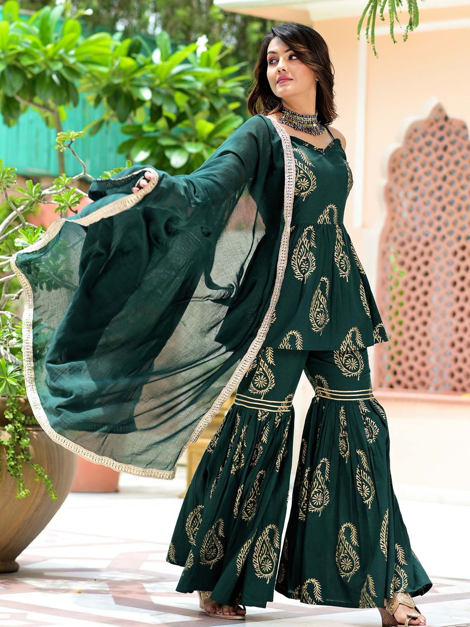 Emerald Green Hand Block Sharara Suit Set Hatheli Emerald Green Hand Block Sharara Suit Set Hatheli