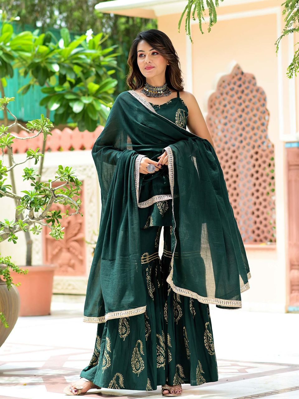 Emerald Green Hand Block Sharara Suit Set Hatheli Emerald Green Hand Block Sharara Suit Set Hatheli