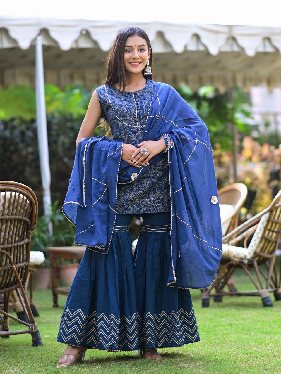 Royal Blue Polyester churidar suits Designer Salwar Kameez with dupion silk  yoke embroidered with dabka, beads, zircon and crystals.